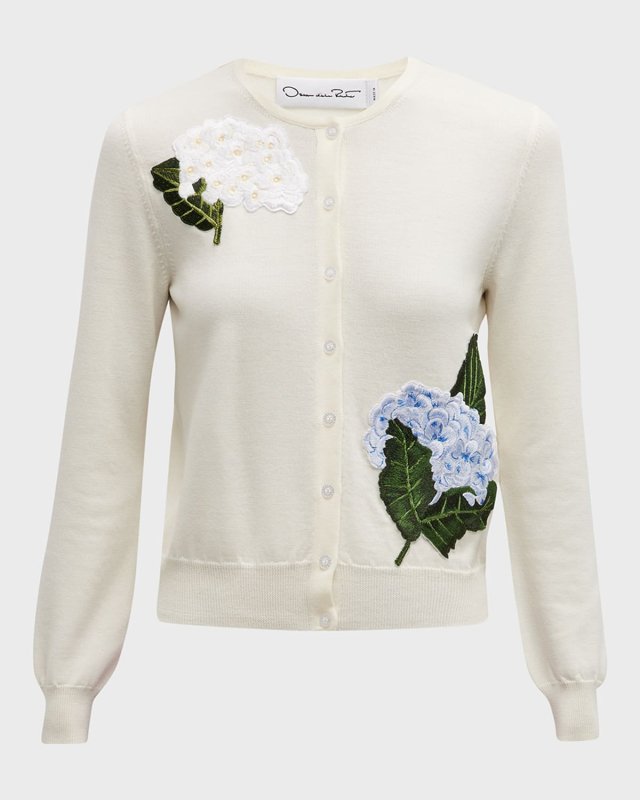 Virgin Wool Knit Cardigan with Hydrangea Threadwork